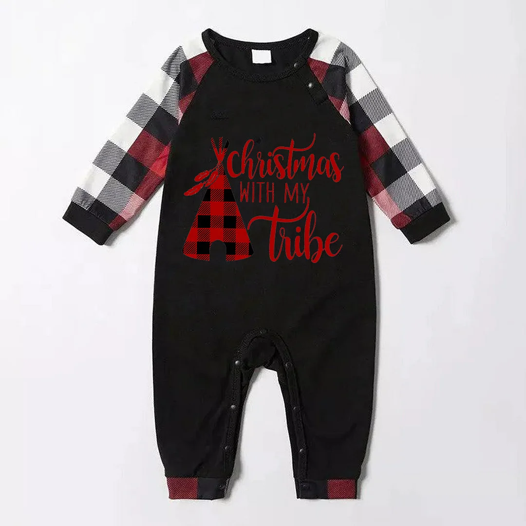 Family Christmas Shirts Christmas Tree Buffalo Plaid Patterned and 'Christmas WITH MY Tribe ' Letter Print Contrast Tops and Red & Black & White Plaid Pants Family Matching Pajamas Set With Dog Bandana