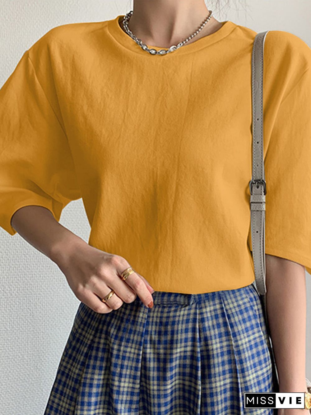 Crew Neck Solid Color Half Sleeve Casual Blouse