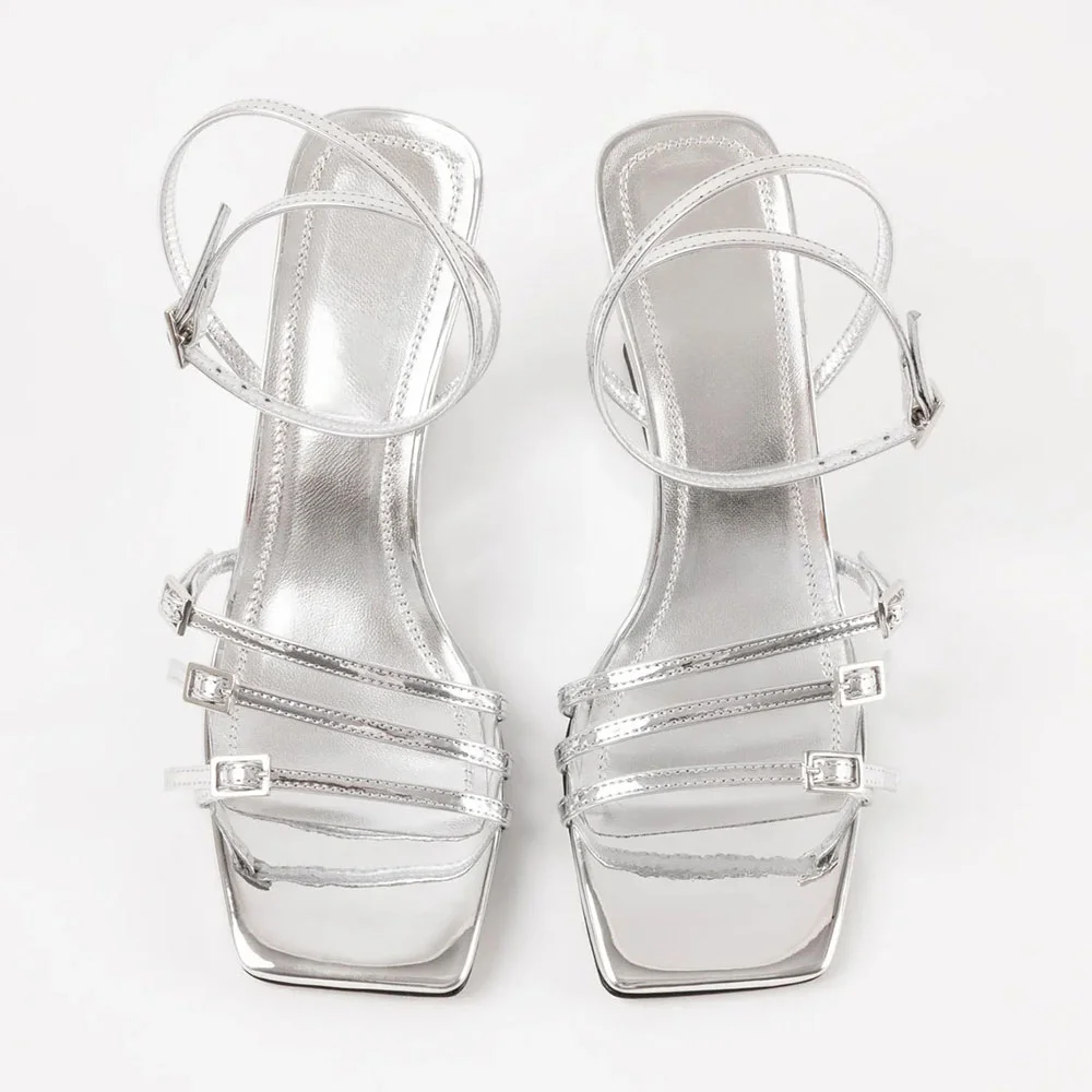 Silve Square Toe Wedge Heel Ankle Strap Women's Sandals with Buckle