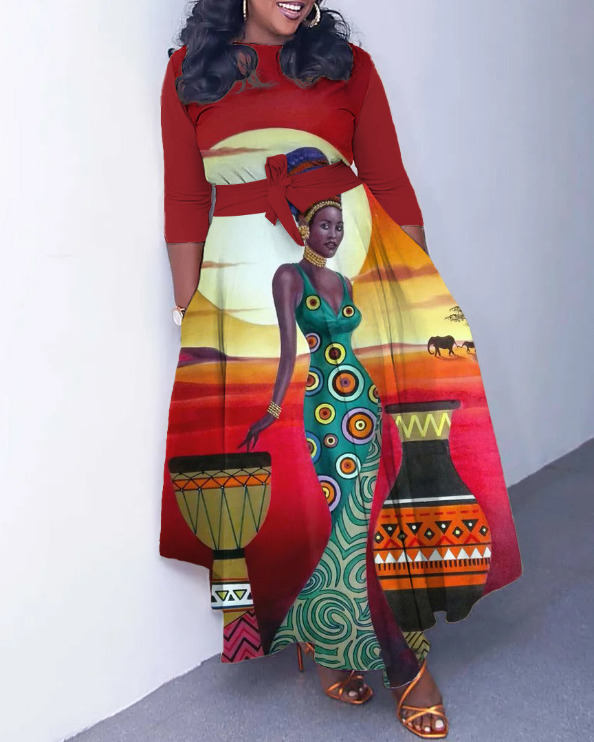 Black Tribal Women Print Long Sleeve Pockets Maxi Dress