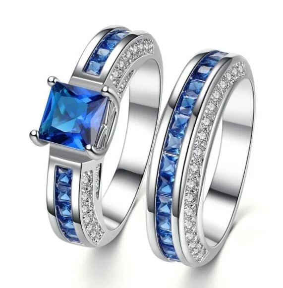 Princess Luxury 925 Sterling Silver Amethyst & CZ Gemstones Wedding Set Rings Size 6 7 8 9
