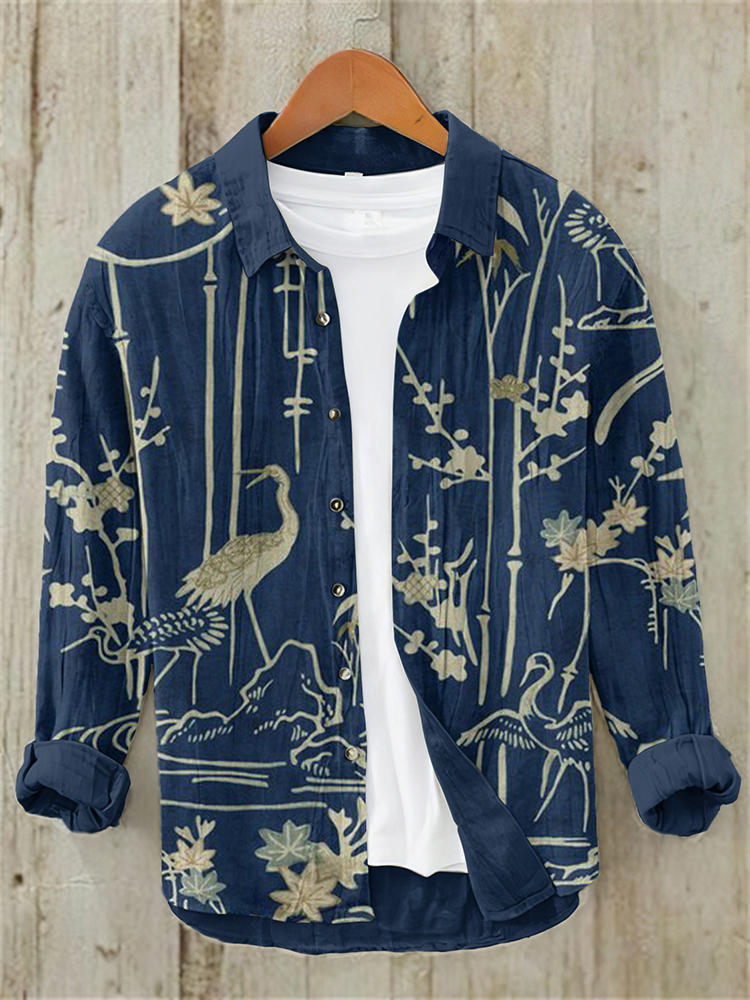 Comstylish Men's Vintage Japanese Art Printed Button Linen Blend Shirt