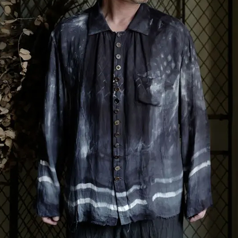 Men's Vintage Cotton and Linen Tie-Dye Long Sleeve Shirt