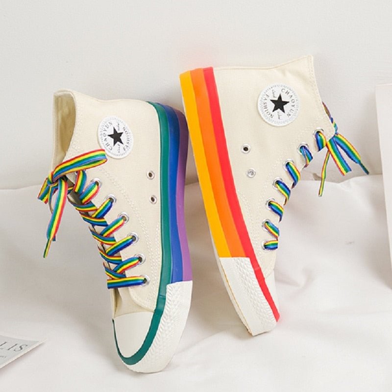 Woman's High Top Sneakers, Rainbow Bottom, Canvas Upper, SWYIVY, Blk, Wht, Yel, and Blk Fur