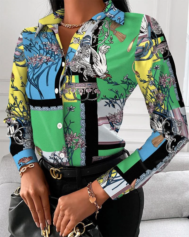 New Chain Print Women Tops And Blouses Fashion Turn-down Collar Long Sleeve Casual Plus Size Elegant Office Work Lady Shirts