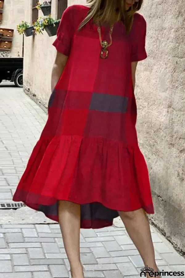 Plaid Short Sleeves Casual Round Neck Loose Midi Dress