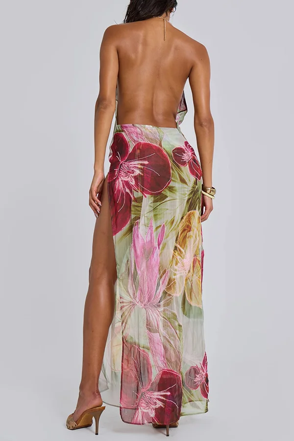 Floral Print Sexy Backless Slit See-Through Holiday Maxi Dress