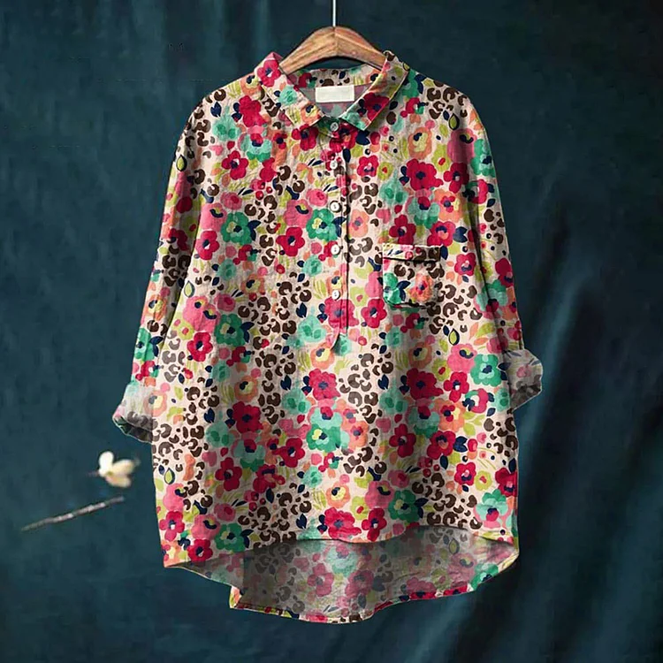 Women's Floral Leopard Print Casual Cotton And Linen Shirt