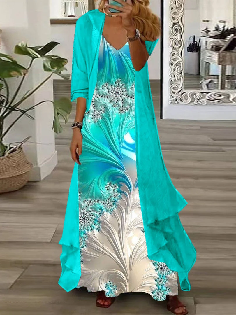 Women's Long Sleeve V-Neck Gradient Printed Graphic Two Piece Suit Maxi Dress