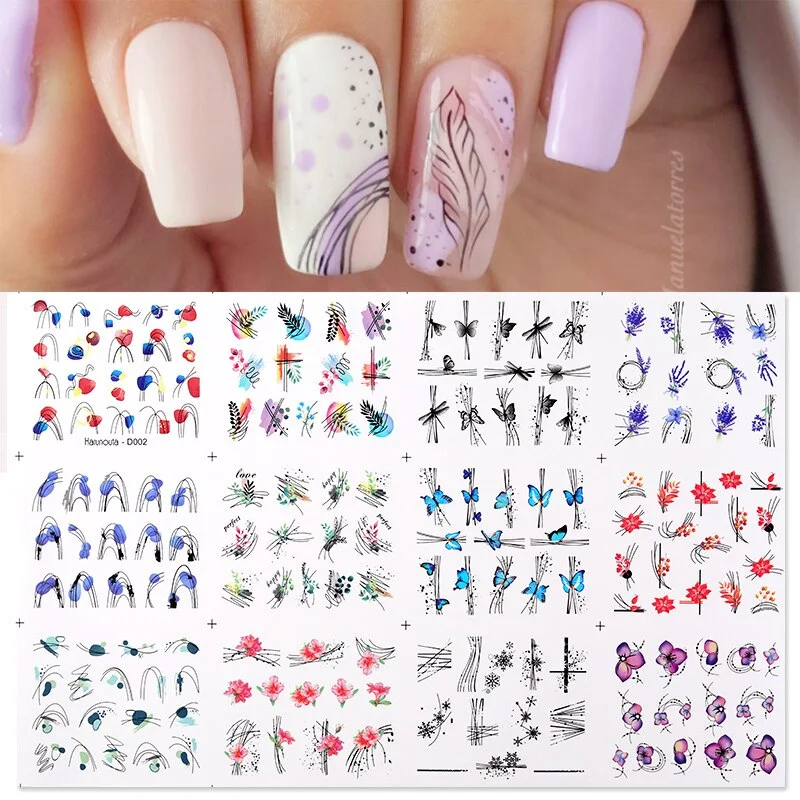 12 Styles Harunouta Nail Water Decals Purple Blue Geometric Line Flower Leaves Stickers Slider Nail Art Decoration Wraps