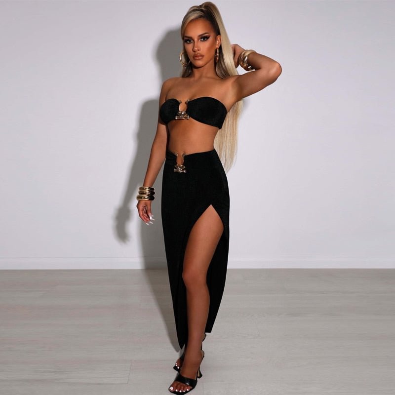 Hawthaw Women Sexy Party Club Strapless Tube Tops Split Long Skirt Two Piece Set Suit Outfit 2022 Summer Clothes Wholesale Items