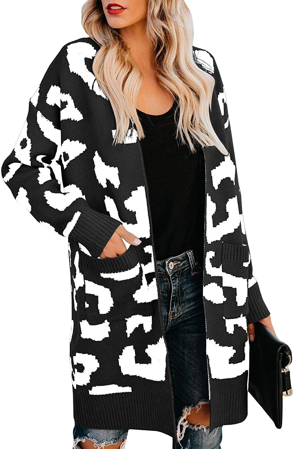 Womens Leopard Print Cardigan Sweater Open Front Long Sleeve Loose Knit Coat with Pockets