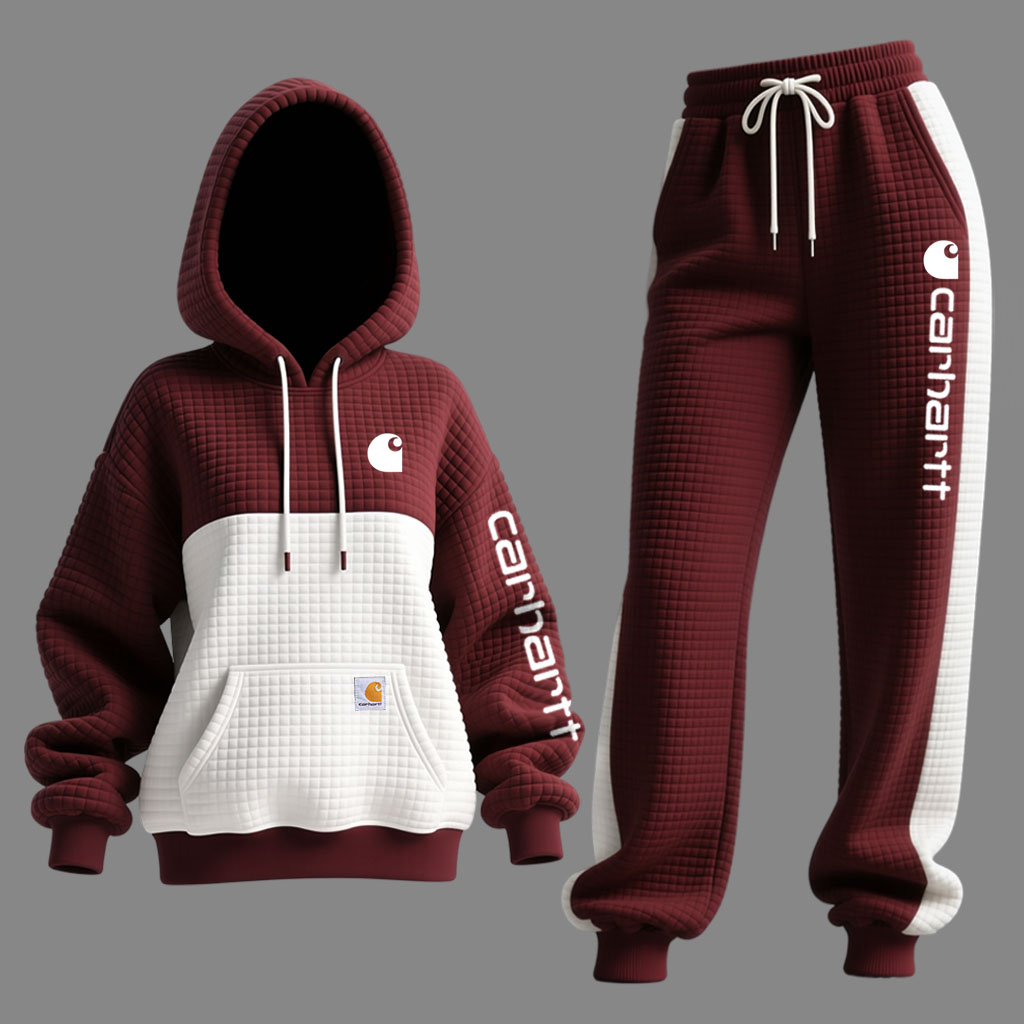 Women's Vintage Burgundy White Waffle Knit Quilted Plaid Pocket Hoodie And Sweatpants Jogger Set