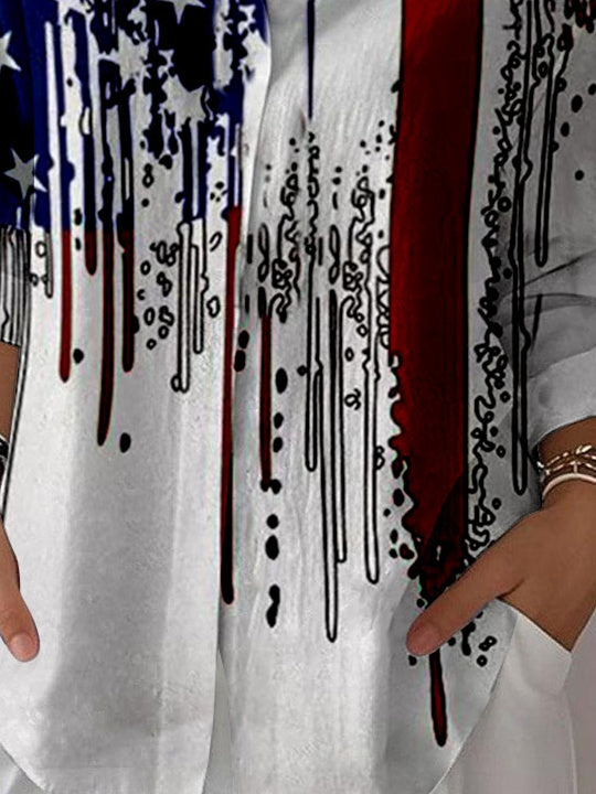 Women 3/4 Sleeve Shirt Collar National Flag Printed Graphic Button Tops