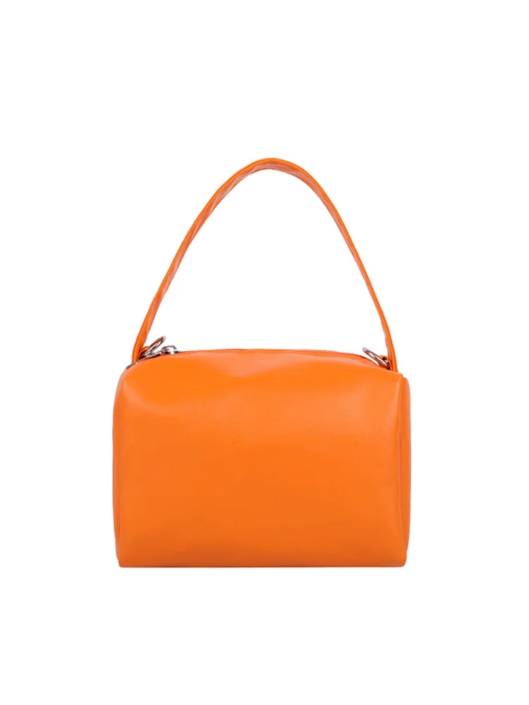 Women PU Leather Solid Color Top-handle Handbag Chain Shoulder Bag (Orange)