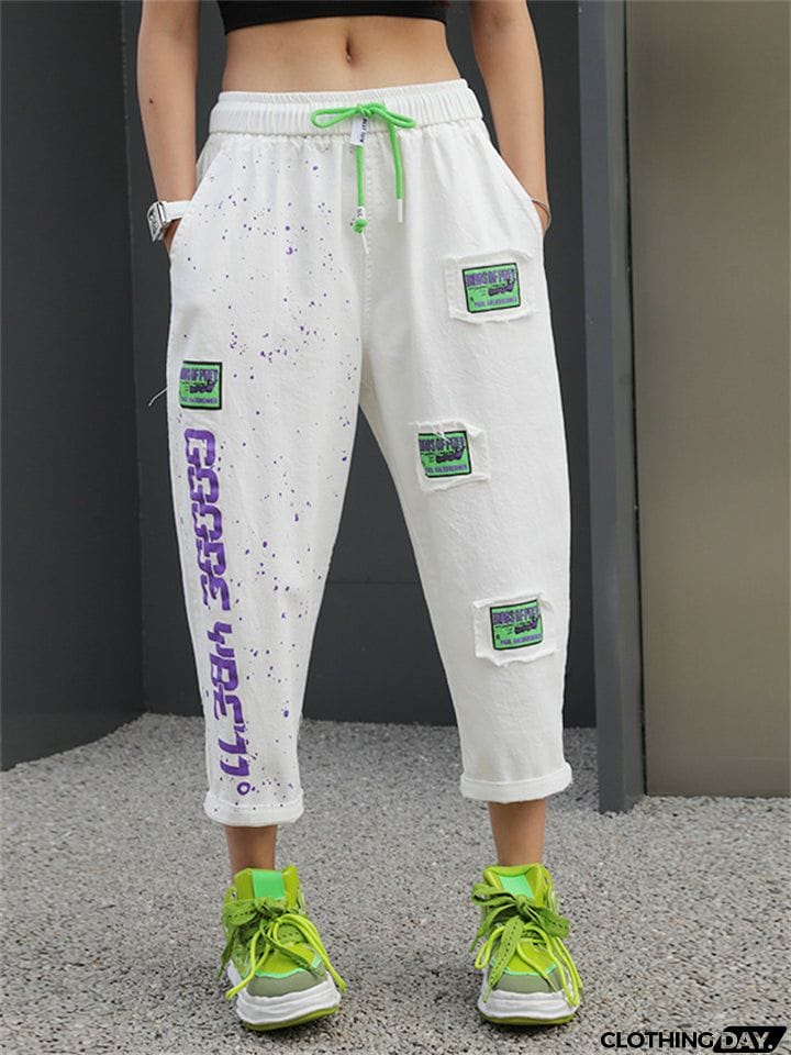 Female Lightweight Alphabet Patchwork High-rise Pants