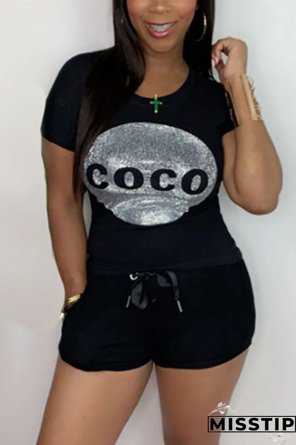 Black Fashion Casual Print Short Sleeve Two Pieces
