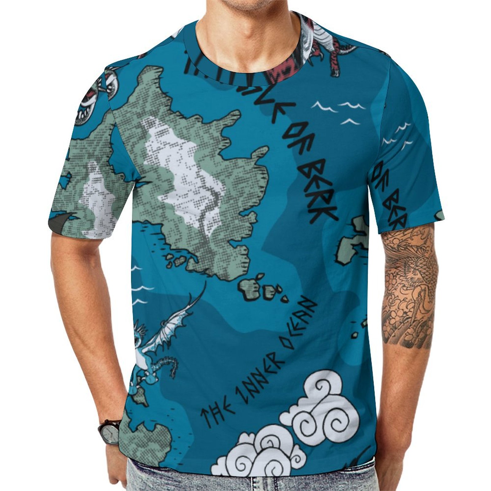 Blue Dragons Flying Over Map Short Sleeve Print Unisex Tshirt Summer Casual Tees for Men and Women Coolcoshirts