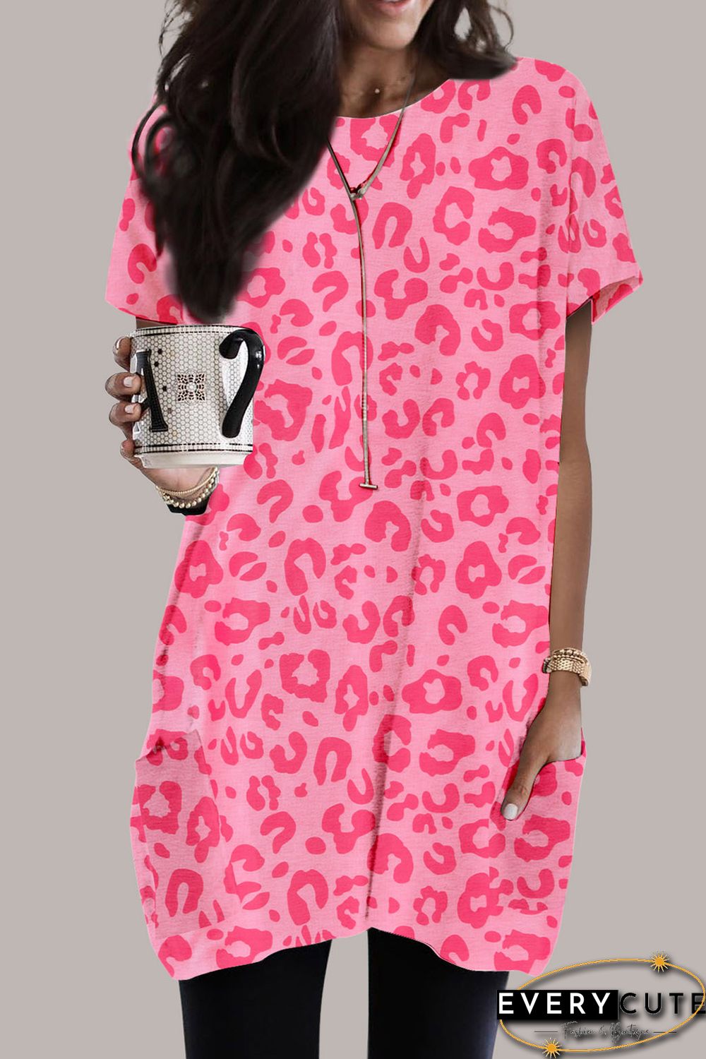 Pink Leopard Print Short Sleeve Tunic Top