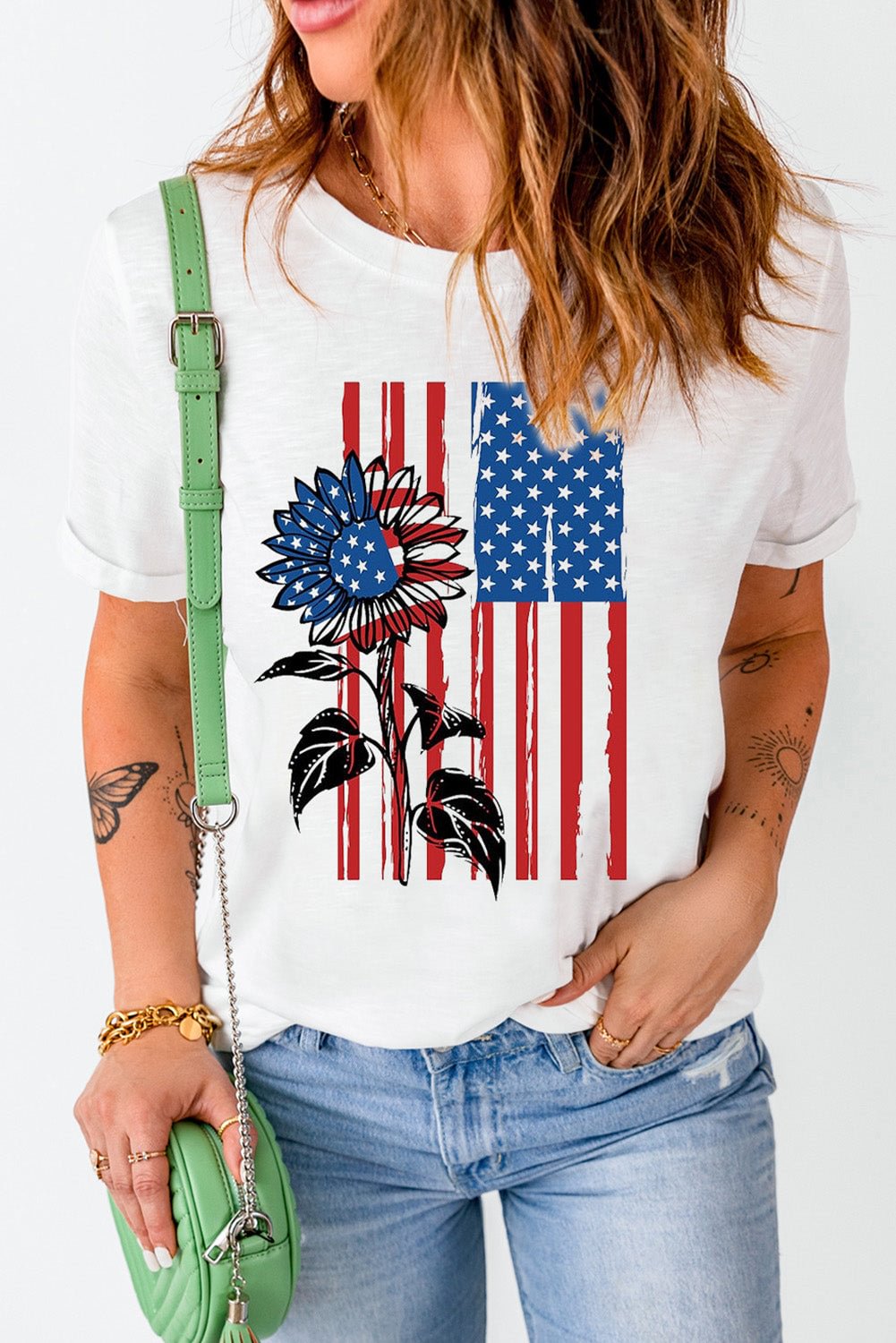 American Flag Sunflower Pattern Print O-neck Graphic Tee