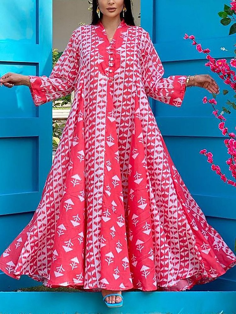 Ethnic Pattern V Neck Long Sleeve Kaftan