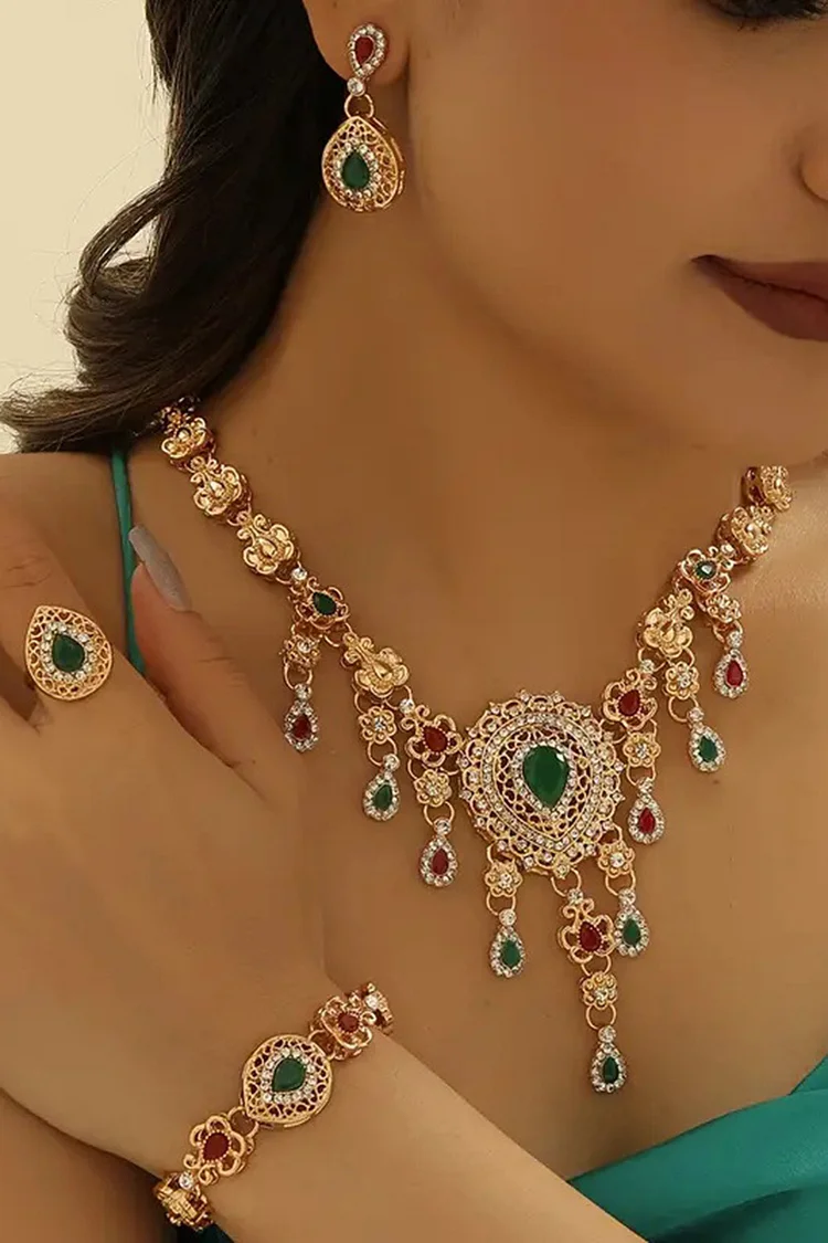 Retro Rhinestone Dropped Shaped Inlaid Four Piece Jewelry Set 2024 - Xpluswear