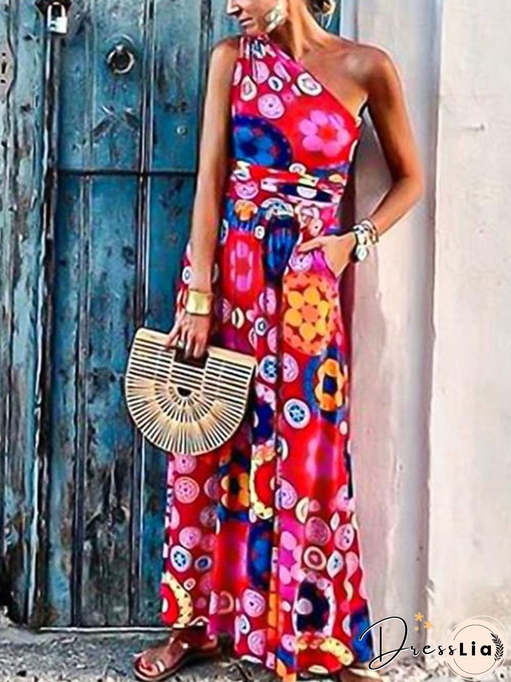 Fashion Floral Printed One Shoulder Maxi Dress P11564