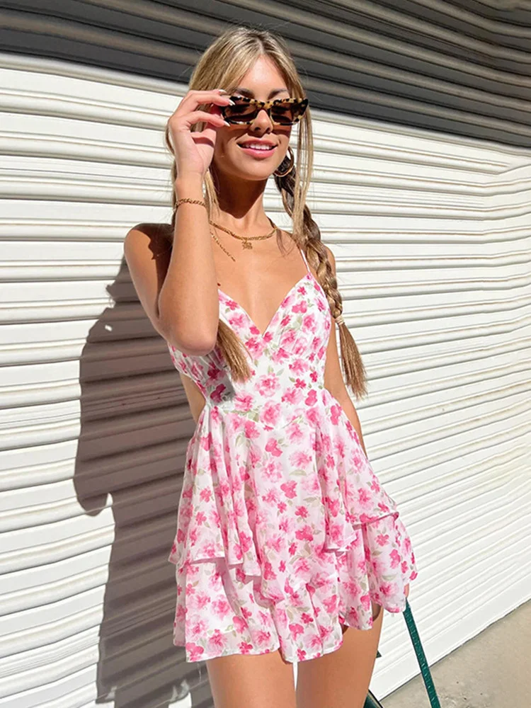 Women Sexy Short Floral Summer Fashion Casual Sleeveless V-Neck Mini Dress