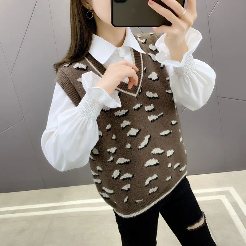 19906 (room 3, row 8, No.5) real shot leopard jacquard striped V-neck knitted vest 39