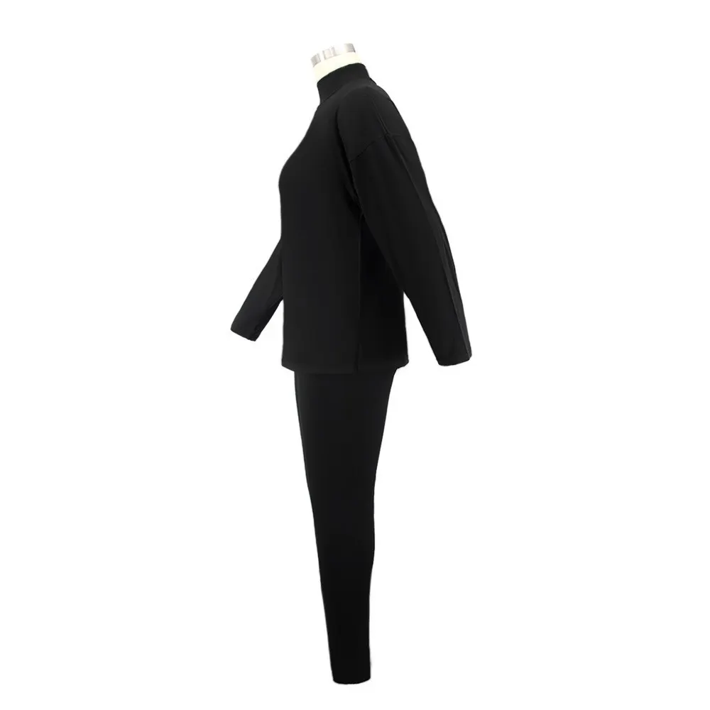 Autumn And Winter High Collar Solid Color Slit Long Sleeve Womens Casual Sports Two Piece