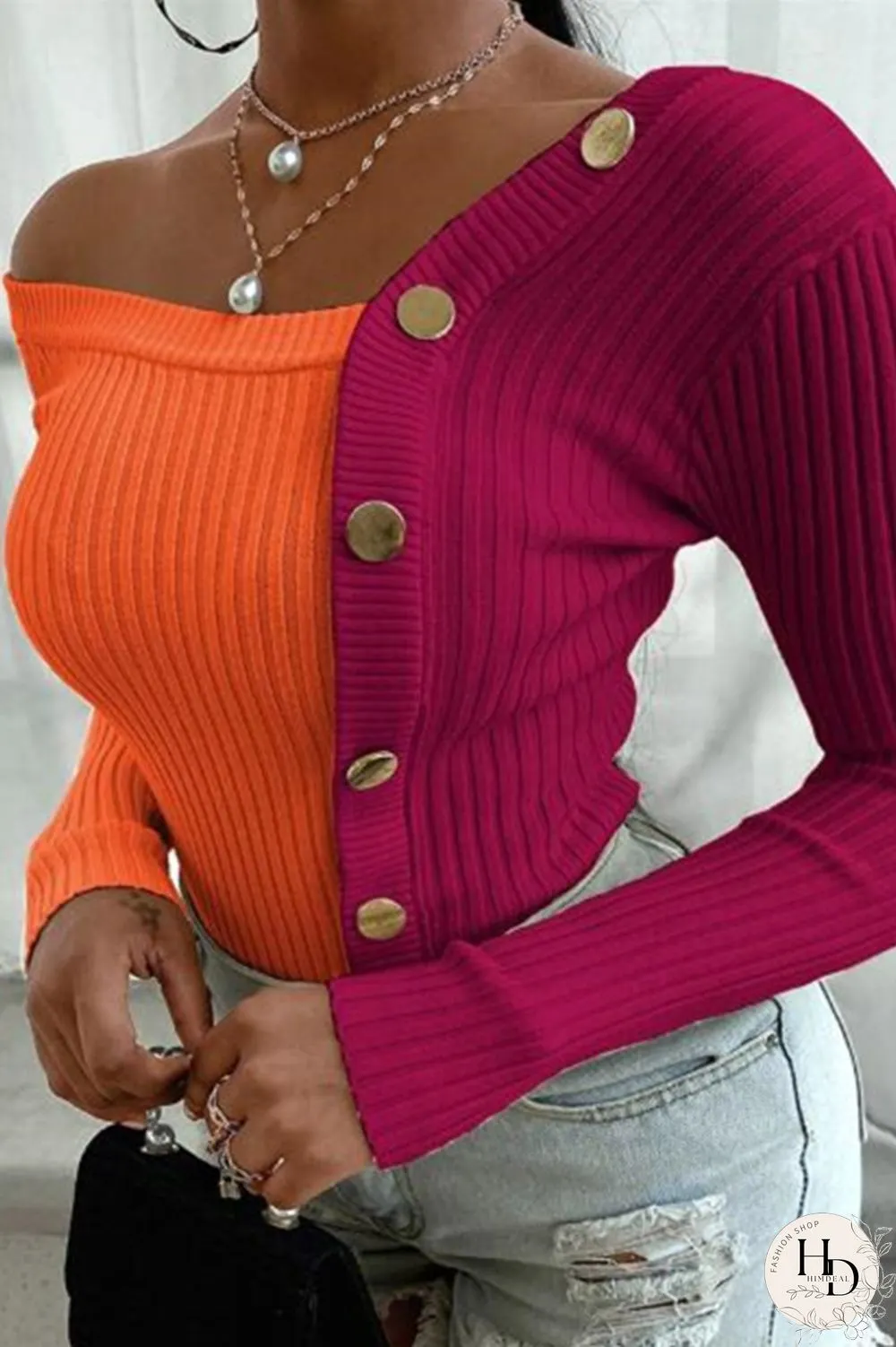 Orange Fashion Casual Oblique Collar Long Sleeve Regular Sleeve Regular Patchwork Solid Tops