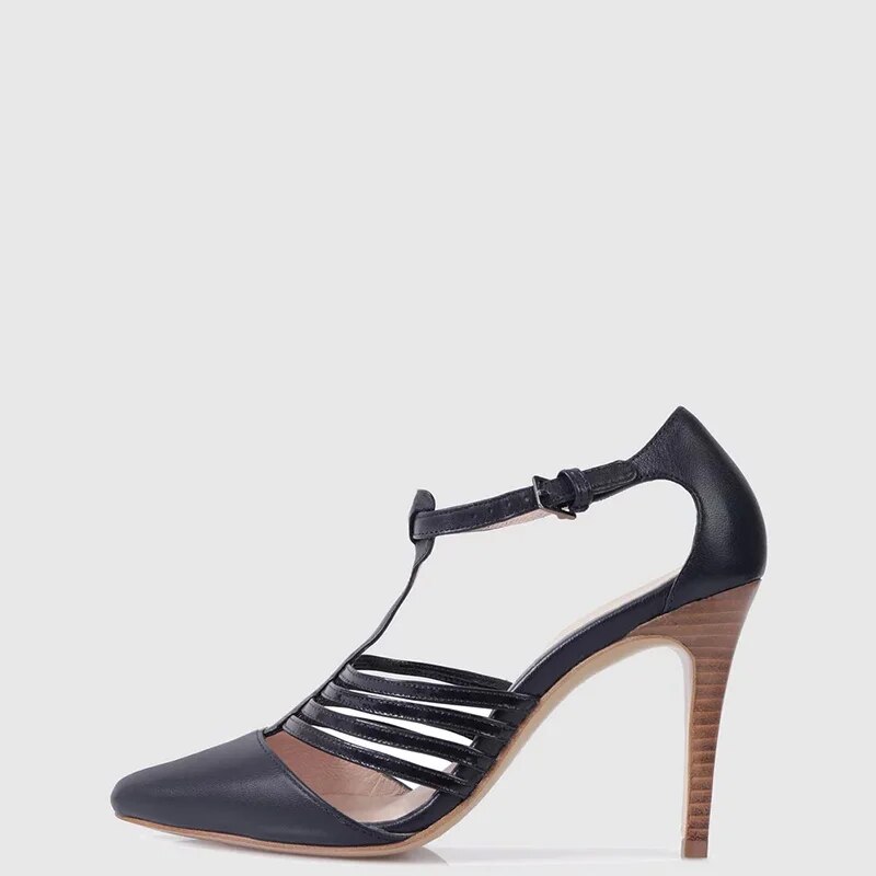 TAAFO Navy Blue Stilettos Women Pumps High Heels Pointed Toe Ankle T Strap Ladies Shoes