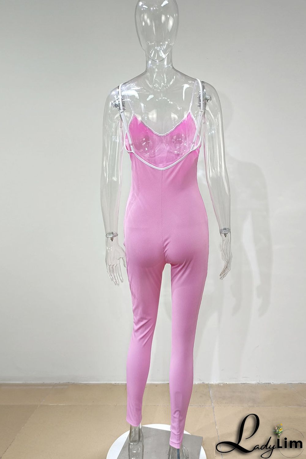 Pink Casual Sportswear Solid Patchwork Spaghetti Strap Skinny Jumpsuits