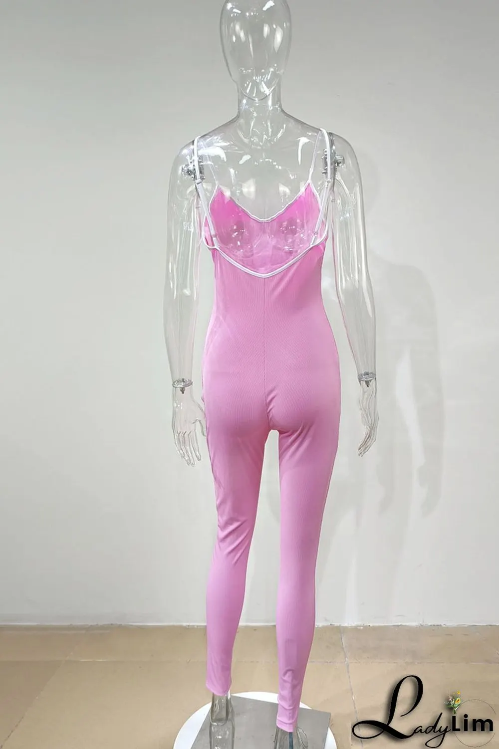 Pink Casual Sportswear Solid Patchwork Spaghetti Strap Skinny Jumpsuits