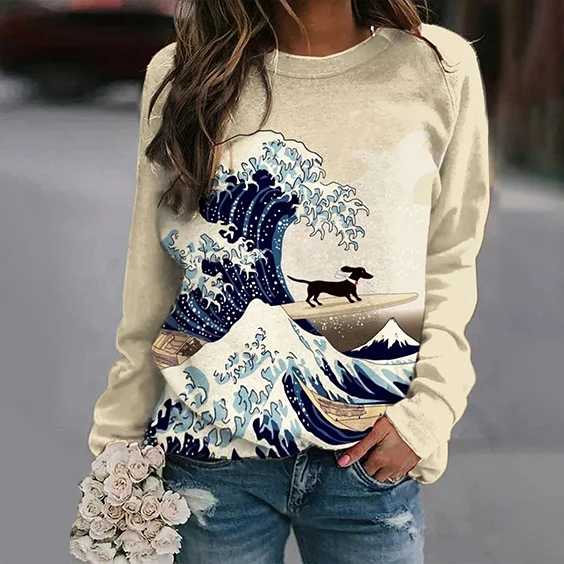 Comstylish Women's The Great Wave Art Dachshund Dog Surfing Print Sweatshirt