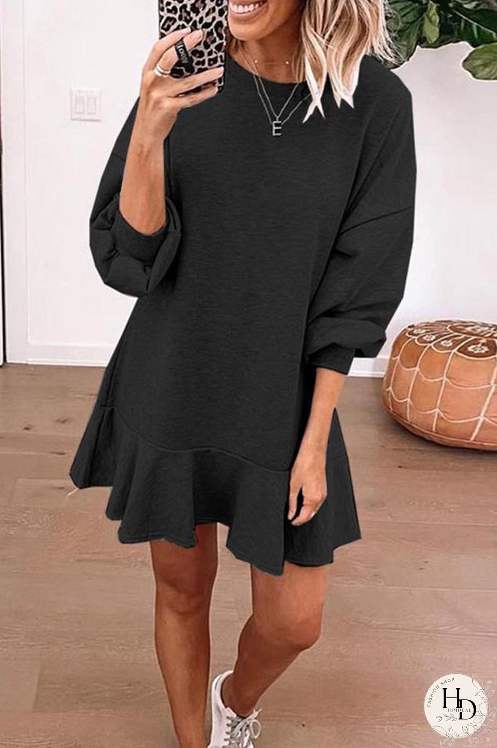 Lantern Sleeve Solid Color Lace Dress P13060