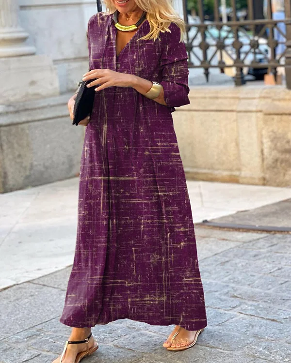 Vintage Burgundy V-neck Long-sleeved Dress