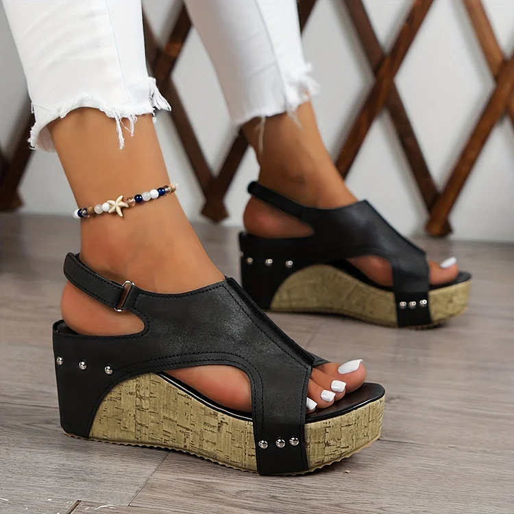 Open Toe Metal Rivets Decor Cutout Casual Wedge Sandals