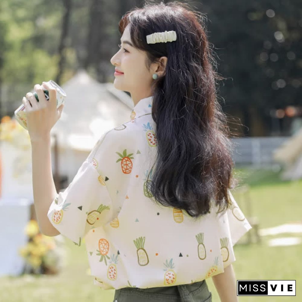 Vintage Pineapple Print Short Sleeve Casual Polo Shirt