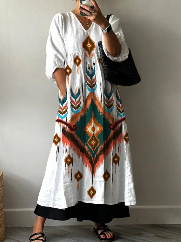 Ethnic Tribal Style Rhombus Feather Decorative Pattern Pocket V-neck Cotton Dress