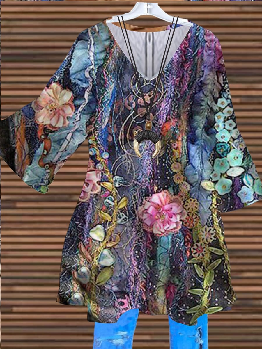 Women's Half Sleeve V-neck Floral Printed Top Tunics