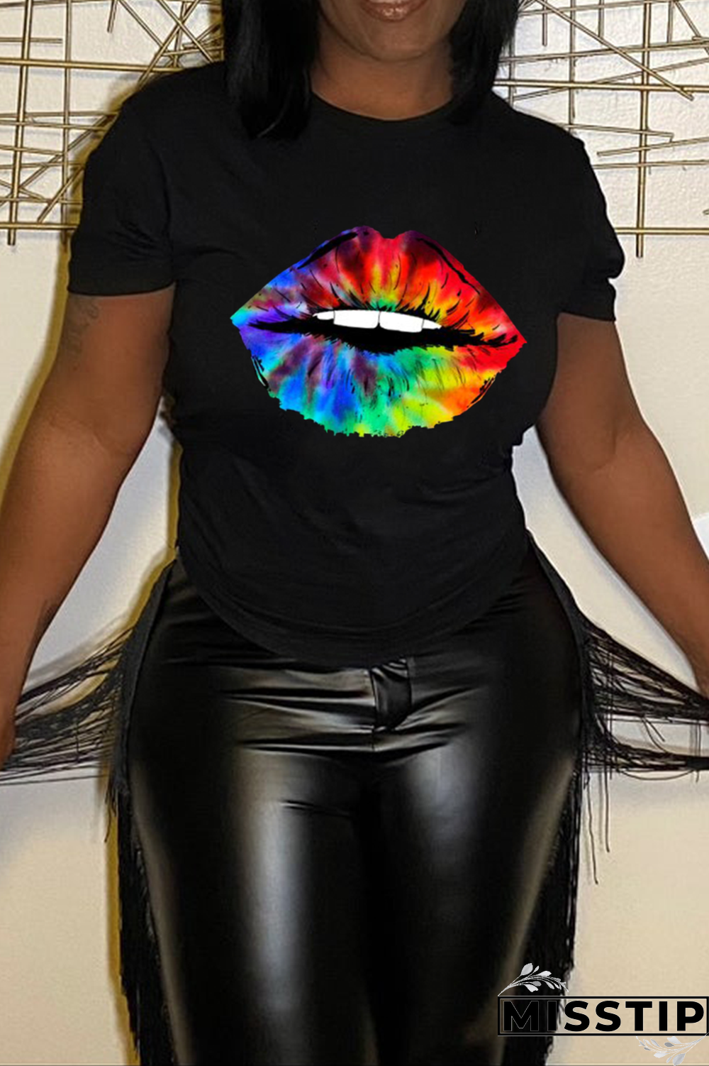 Black Street Vintage Lips Printed Patchwork O Neck T-Shirts