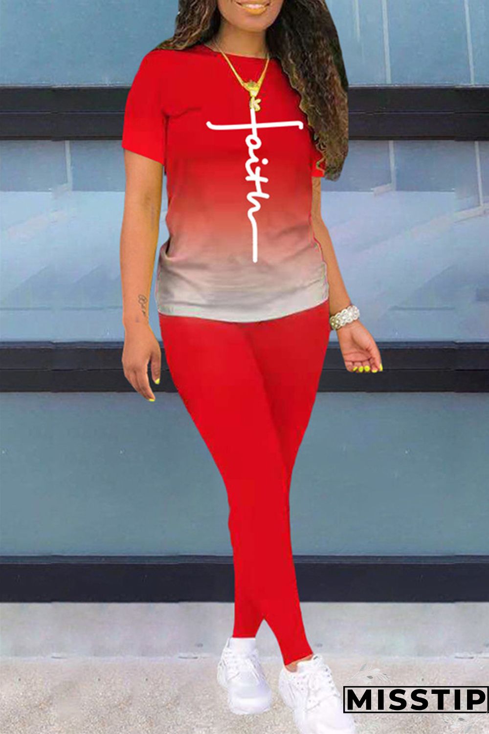 Black Fashion Casual Gradual Change Print Basic O Neck Short Sleeve Two Pieces