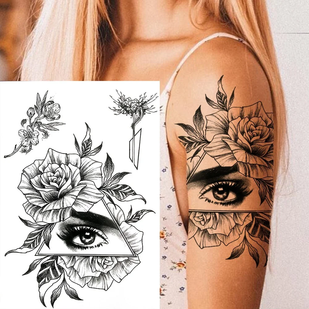 Sdrawing Lily Flower Temporary Tattoos For Women Adults Fake Lotus Orchid Dahlia Peony Tattoo Sticker Black Waterproof 3D Tatoos Arm