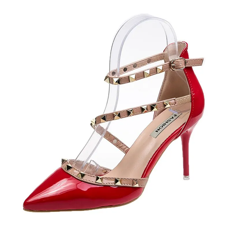 2020 New 10CM New High-heeled Shoes Female Pointed Stiletto Sexy Nightclub Word with Rivets Wild Sandals Female Summer