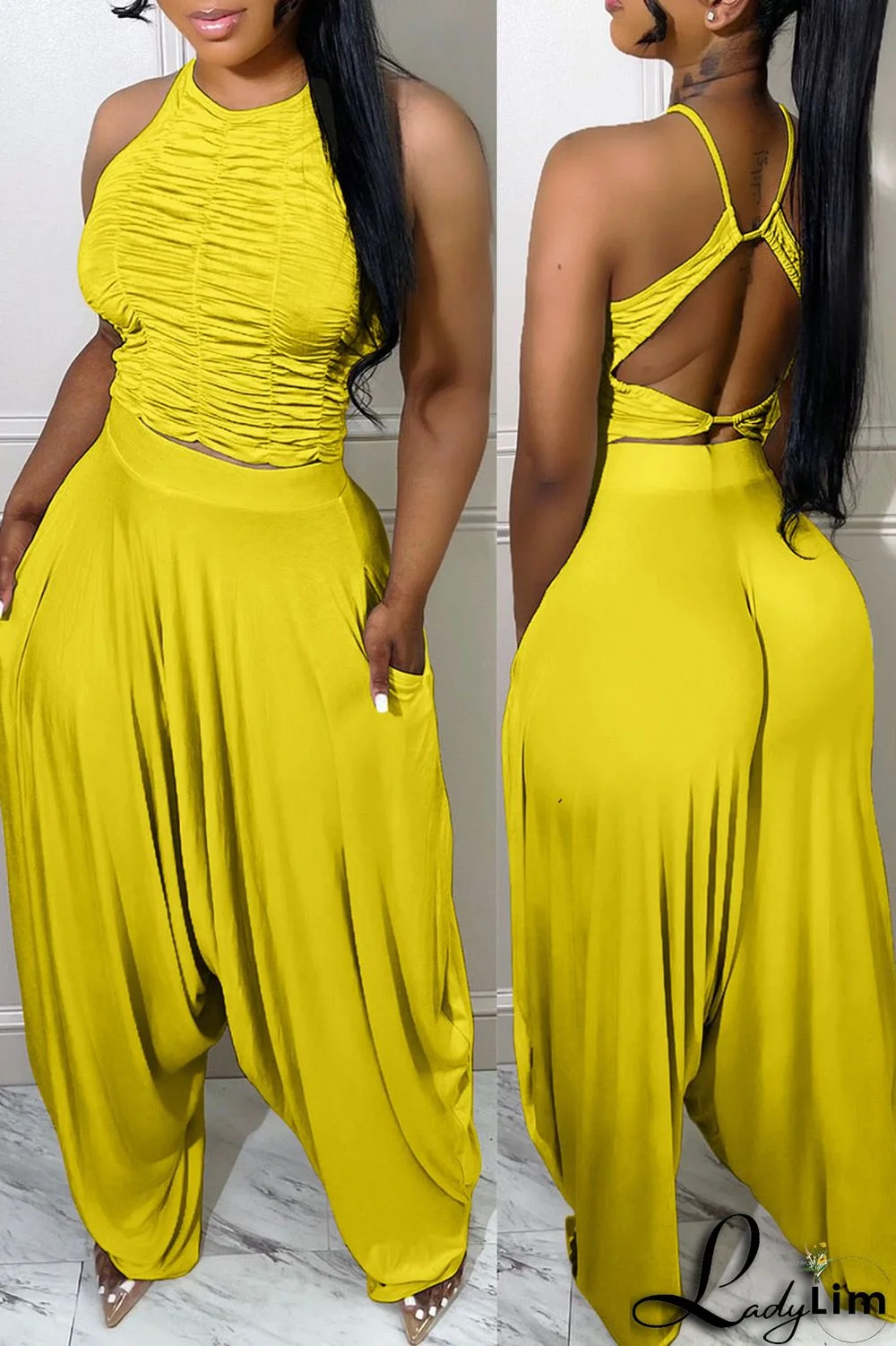 Yellow Casual Street Solid Patchwork Backless Fold O Neck Sleeveless Two Pieces