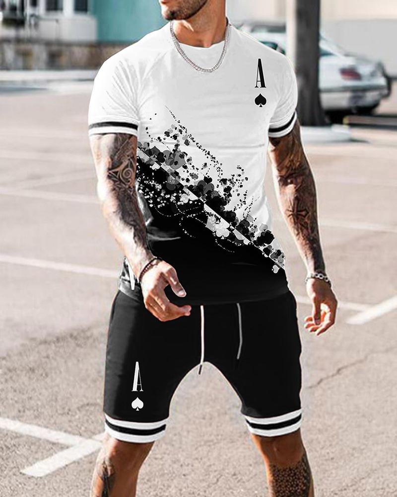 Men's Sports White-Black Printed Crew Neck Shorts Suit