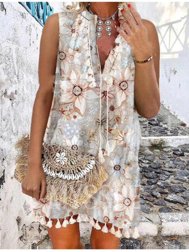 Women's Summer Sleeveless V-neck Floral Print Tassel Fashion Loose Dress