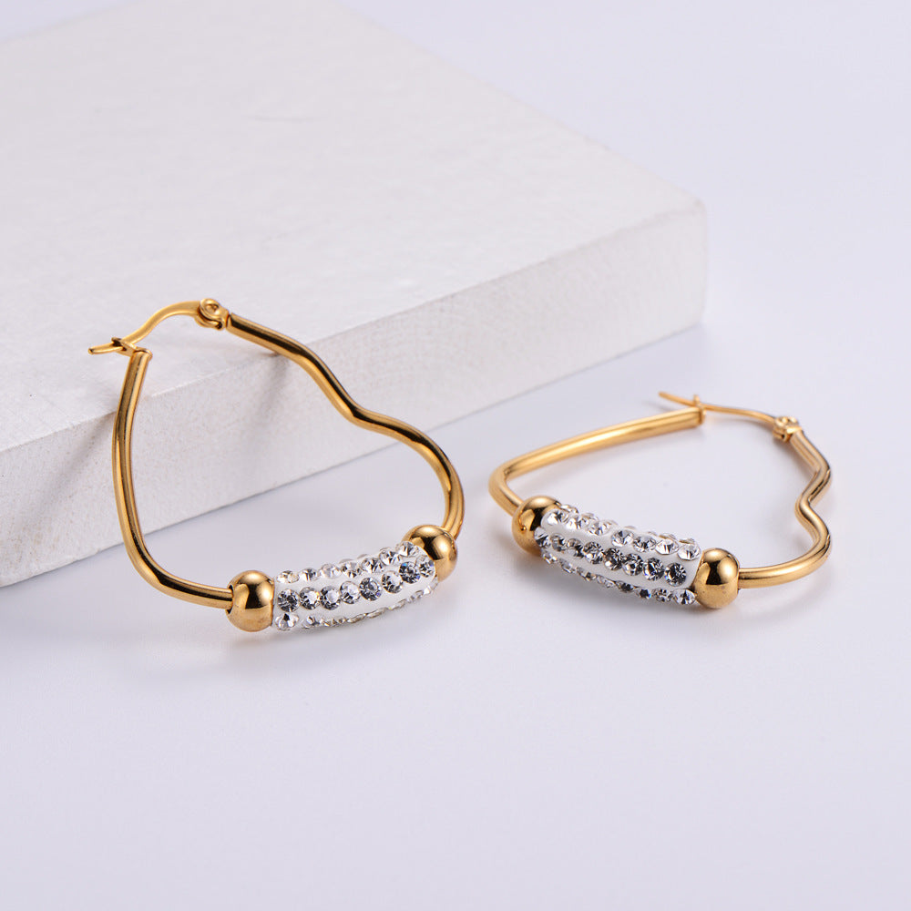 Women Minimalist Geometric Metal Heart Stainless Steel Diamond Inlay Earrings