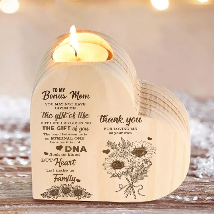 To My Mom Wooden Heart-shaped Candle Holder "Thank You for Loving Me" Flower Candlesticks For Mother